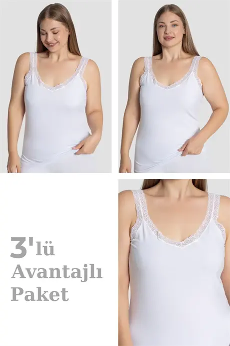 Kadın Büyük Beden Pamuklu Dantelli Atlet Esnek ve Rahat Beyaz 3'lü Paket - BÜYÜKBEDENIZ
