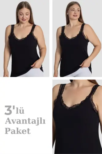 Kadın Büyük Beden Pamuklu Dantelli Atlet Esnek ve Rahat Siyah 3'lü Paket - 1