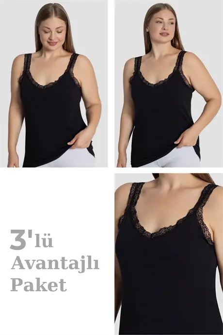 Kadın Büyük Beden Pamuklu Dantelli Atlet Esnek ve Rahat Siyah 3'lü Paket - BÜYÜKBEDENIZ