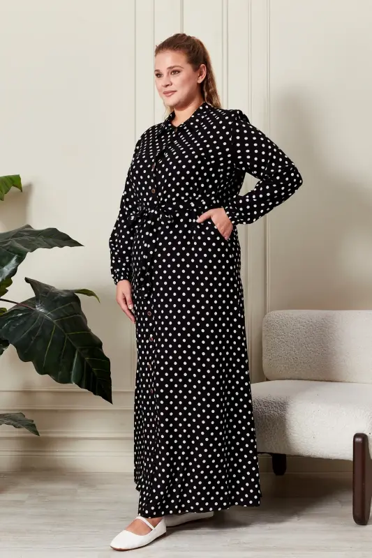 Kadın Büyük Beden Puantiyeli Elbise - gri - 6