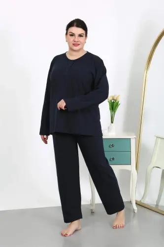 Kadın Büyük Beden Uzun Kol Penye Pijama Takımı Lacivert 202501 - 2