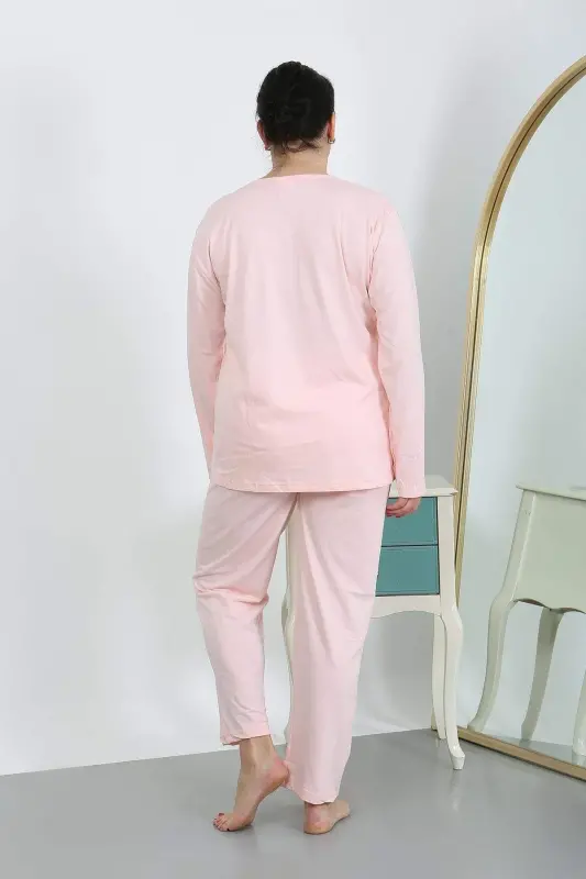 Kadın Büyük Beden Uzun Kol Penye Pijama Takımı Pembe 202501 - BÜYÜKBEDENIZ