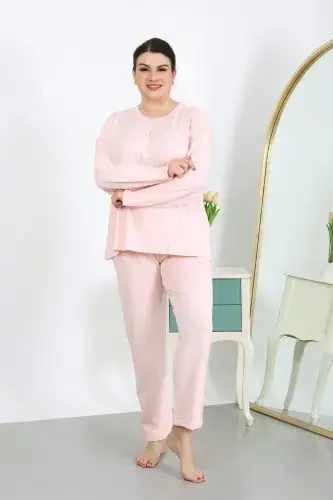 Kadın Büyük Beden Uzun Kol Penye Pijama Takımı Pembe 202501 - 6