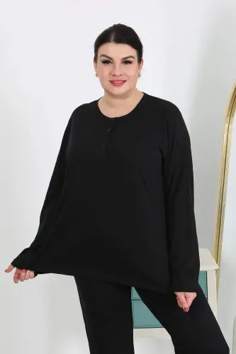 Kadın Büyük Beden Uzun Kol Penye Pijama Takımı Siyah 202501 - 1