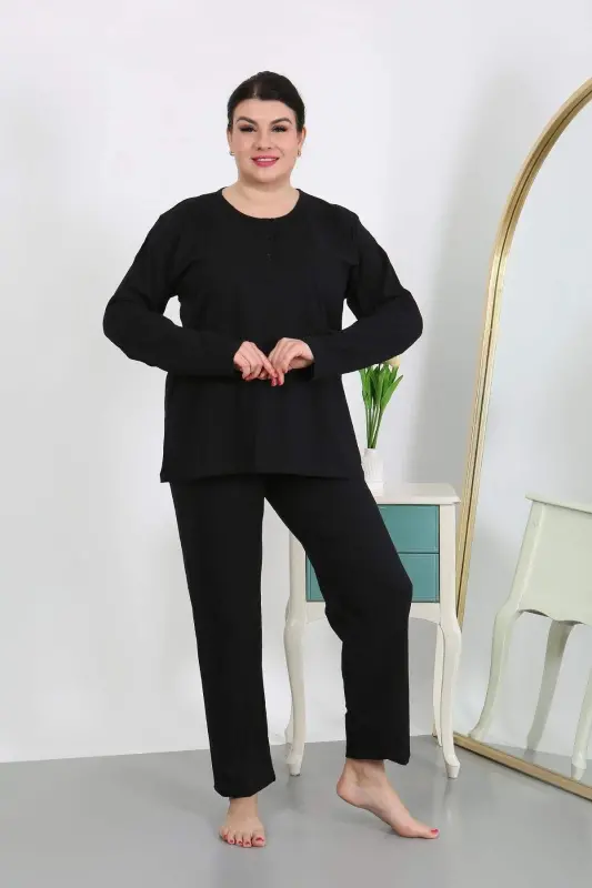 Kadın Büyük Beden Uzun Kol Penye Pijama Takımı Siyah 202501 - 2
