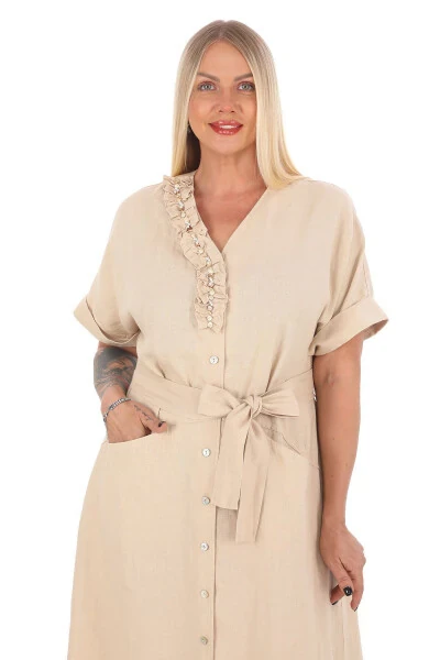 Kadın Büyük Beden V Yaka Fırfır Detaylı % 100 Keten Elbise Bej - 4