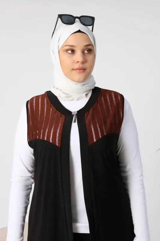 Kadin Buyuk Beden Yelek Anne Uzun Ve Tasli Kahverengi - Kahverengi - 7