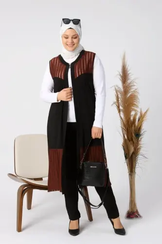 Kadin Buyuk Beden Yelek Anne Uzun Ve Tasli Kahverengi - Kahverengi - 8