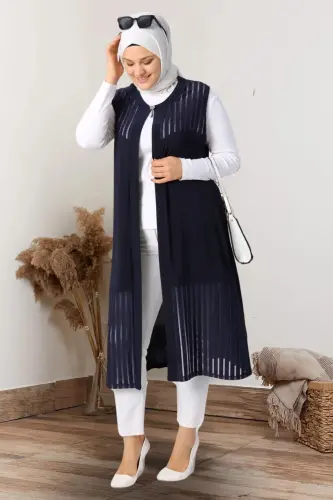 Kadin Buyuk Beden Yelek Anne Uzun Ve Tasli Lacivert-Lacivert 