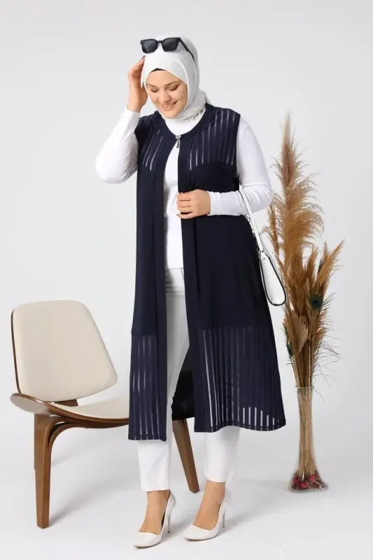 Kadin Buyuk Beden Yelek Anne Uzun Ve Tasli Lacivert-Lacivert - 7