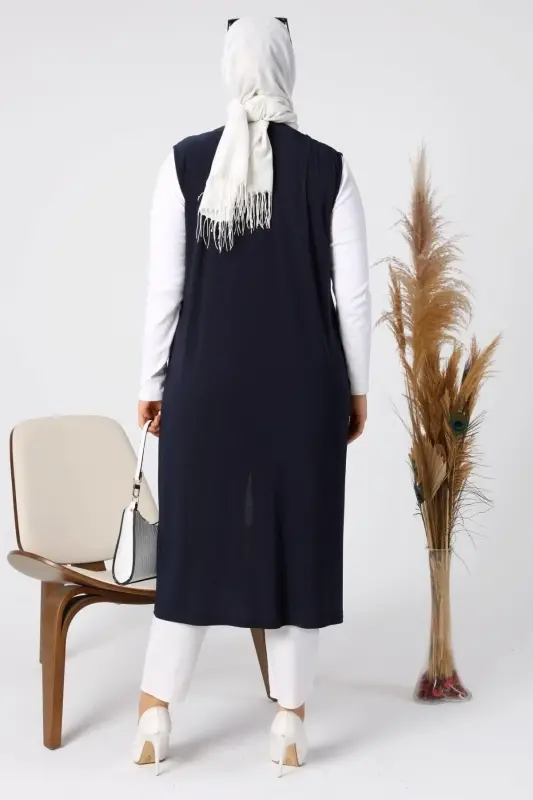 Kadin Buyuk Beden Yelek Anne Uzun Ve Tasli Lacivert-Lacivert - 8