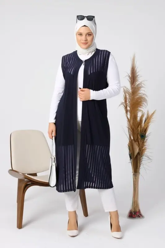 Kadin Buyuk Beden Yelek Anne Uzun Ve Tasli Lacivert-Lacivert - 3