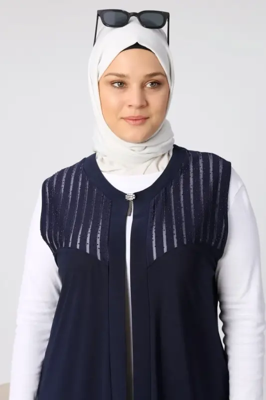 Kadin Buyuk Beden Yelek Anne Uzun Ve Tasli Lacivert-Lacivert - 4