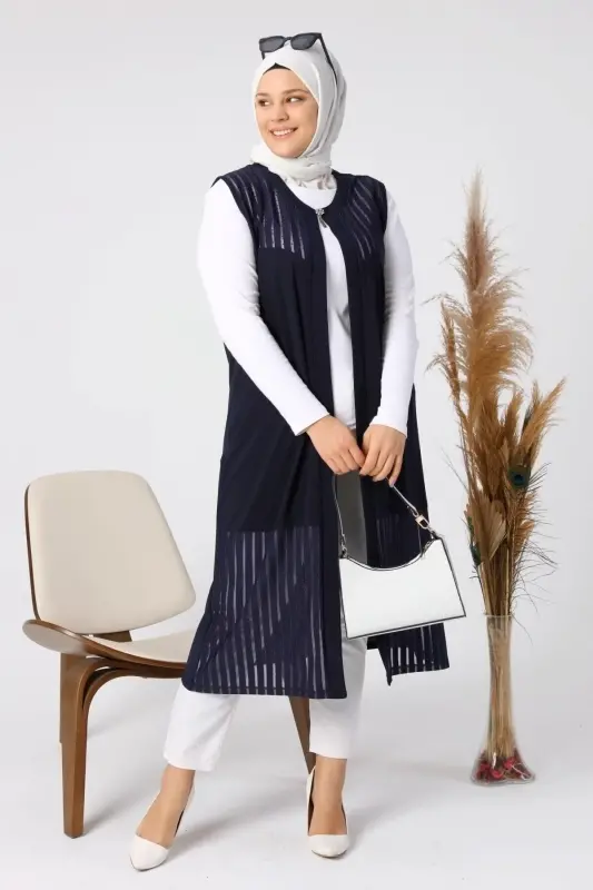 Kadin Buyuk Beden Yelek Anne Uzun Ve Tasli Lacivert-Lacivert - 5