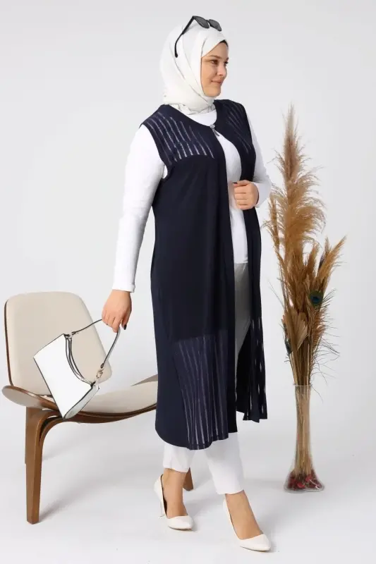 Kadin Buyuk Beden Yelek Anne Uzun Ve Tasli Lacivert-Lacivert - 6