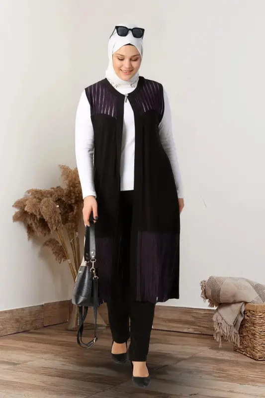 Kadin Buyuk Beden Yelek Anne Uzun Ve Tasli Mürdüm-Mürdüm - 1