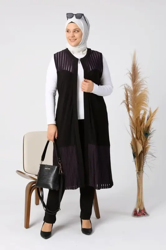 Kadin Buyuk Beden Yelek Anne Uzun Ve Tasli Mürdüm-Mürdüm - 3