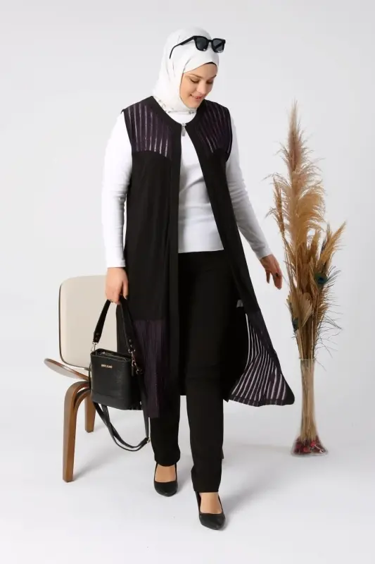 Kadin Buyuk Beden Yelek Anne Uzun Ve Tasli Mürdüm-Mürdüm - 5