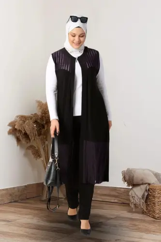 Kadin Buyuk Beden Yelek Anne Uzun Ve Tasli Mürdüm-Mürdüm 