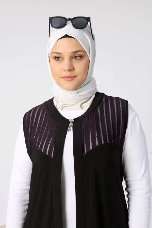 Kadin Buyuk Beden Yelek Anne Uzun Ve Tasli Mürdüm-Mürdüm - 4