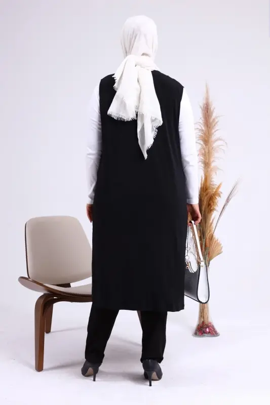 Kadin Buyuk Beden Yelek Anne Uzun Ve Tasli Siyah-Siyah - 7