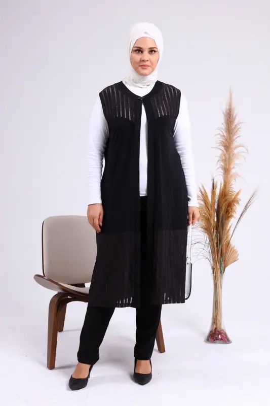 Kadin Buyuk Beden Yelek Anne Uzun Ve Tasli Siyah-Siyah - 1