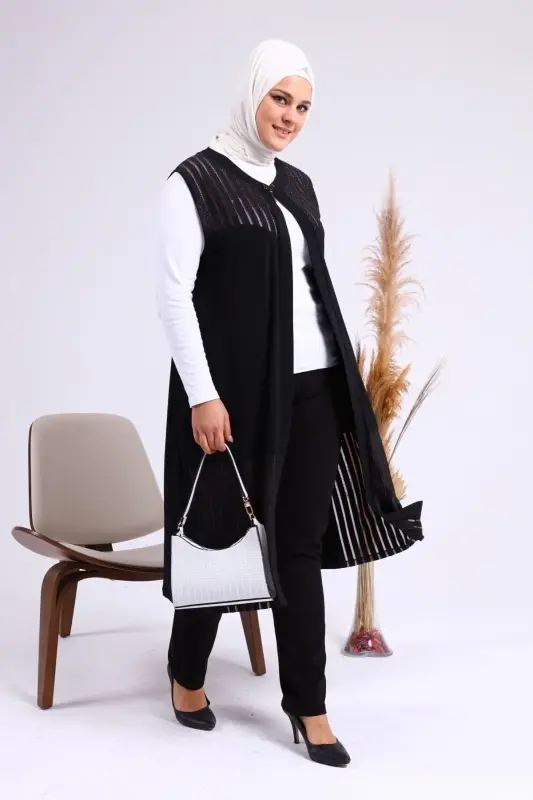 Kadin Buyuk Beden Yelek Anne Uzun Ve Tasli Siyah-Siyah - 5