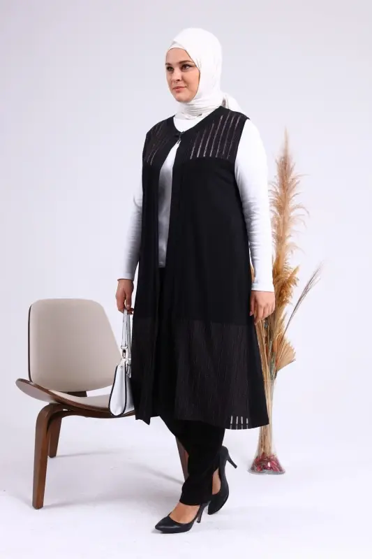 Kadin Buyuk Beden Yelek Anne Uzun Ve Tasli Siyah-Siyah - 6