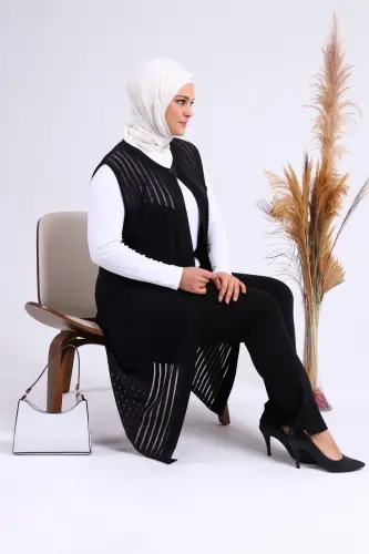Kadin Buyuk Beden Yelek Anne Uzun Ve Tasli Siyah-Siyah - 8