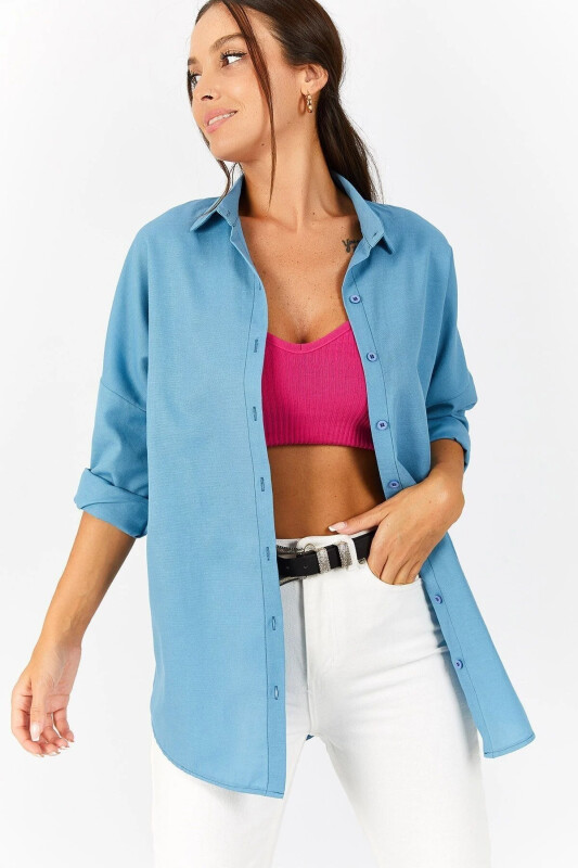 Kadın Buzmavi Oversize Uzun Basic Gömlek ARM-22Y001118-Buzmavi - ARMONIKA