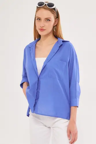 Kadın Buzmavi Cepli Salaş Keten Gömlek ARM-21Y001035-Buzmavi 