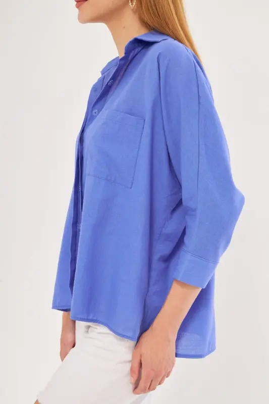 Kadın Buzmavi Cepli Salaş Keten Gömlek ARM-21Y001035-Buzmavi - 2