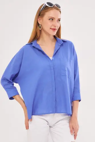 Kadın Buzmavi Cepli Salaş Keten Gömlek ARM-21Y001035-Buzmavi - 3