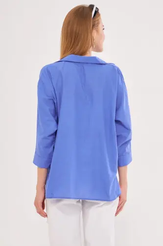 Kadın Buzmavi Cepli Salaş Keten Gömlek ARM-21Y001035-Buzmavi - 4