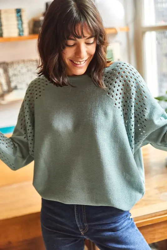 Kadın Çağla Yeşili Ajurlu Yarasa Oversize Triko Kazak KZK-19000524-Çağla Yeşili - 4