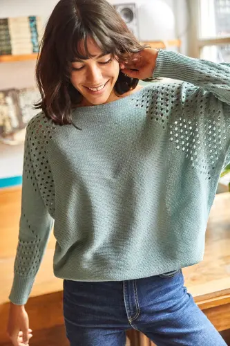 Kadın Çağla Yeşili Ajurlu Yarasa Oversize Triko Kazak KZK-19000524-Çağla Yeşili - 5