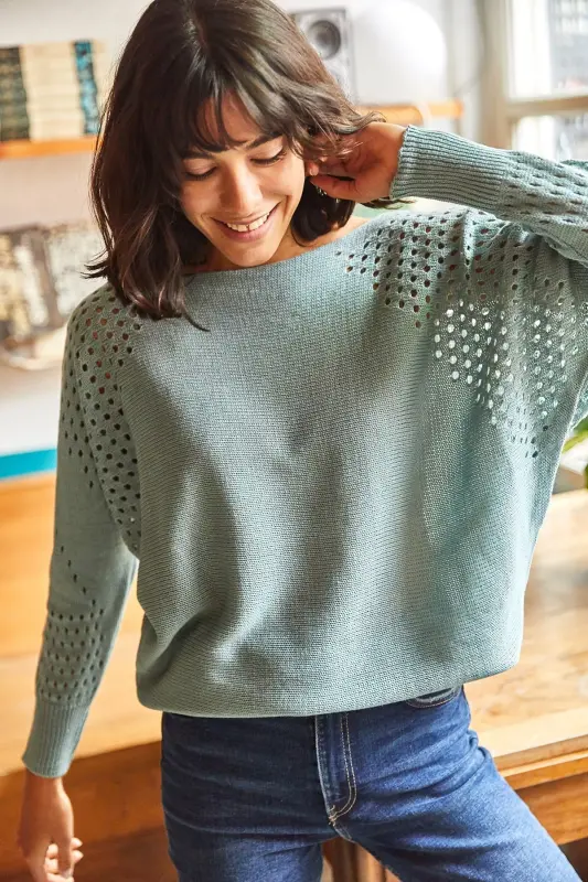 Kadın Çağla Yeşili Ajurlu Yarasa Oversize Triko Kazak KZK-19000524-Çağla Yeşili - 5