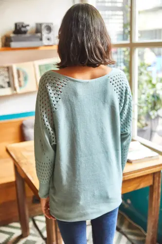 Kadın Çağla Yeşili Ajurlu Yarasa Oversize Triko Kazak KZK-19000524-Çağla Yeşili - 6