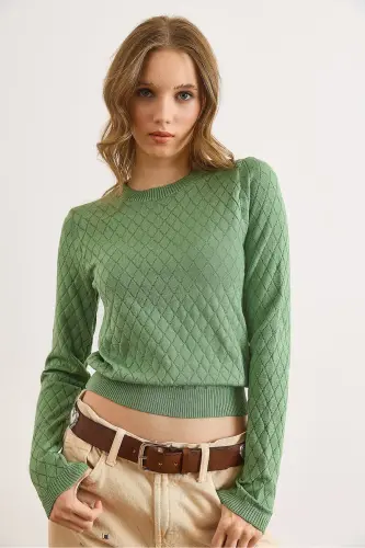 Kadın Çağla Yeşili Baklava Desenli Mevsimlik Triko Bluz BLZ-19002885-Çağla Yeşili - 4