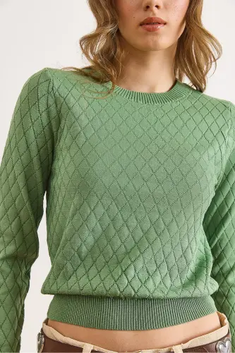 Kadın Çağla Yeşili Baklava Desenli Mevsimlik Triko Bluz BLZ-19002885-Çağla Yeşili - 5