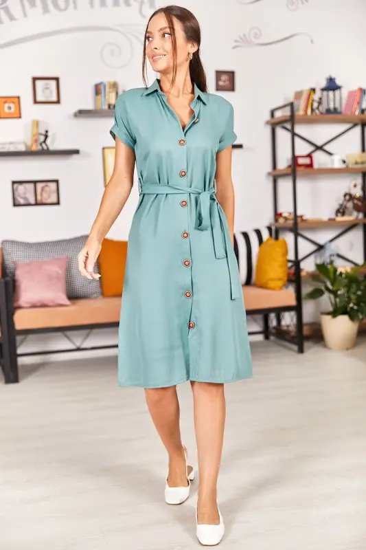 Kadın Çağla Yeşili Beli Kemerli Kısa Kol Gömlek Elbise ARM-19Y001068-Çağla Yeşili - 2