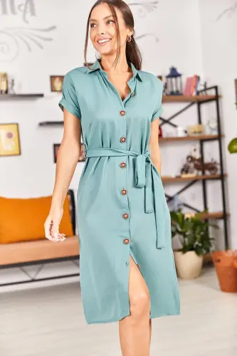 Kadın Çağla Yeşili Beli Kemerli Kısa Kol Gömlek Elbise ARM-19Y001068-Çağla Yeşili - 3