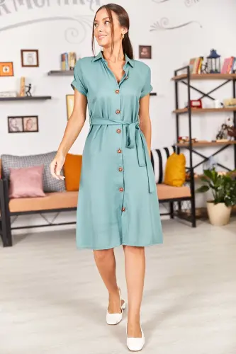 Kadın Çağla Yeşili Beli Kemerli Kısa Kol Gömlek Elbise ARM-19Y001068-Çağla Yeşili - 2