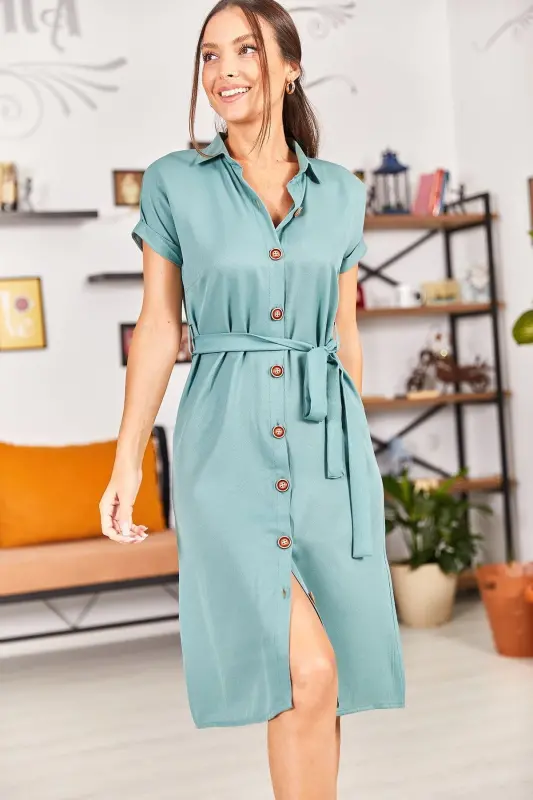 Kadın Çağla Yeşili Beli Kemerli Kısa Kol Gömlek Elbise ARM-19Y001068-Çağla Yeşili - 3