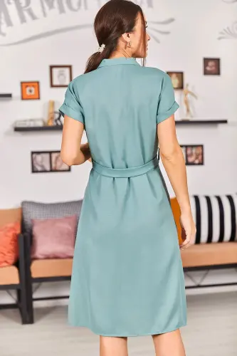 Kadın Çağla Yeşili Beli Kemerli Kısa Kol Gömlek Elbise ARM-19Y001068-Çağla Yeşili - 4