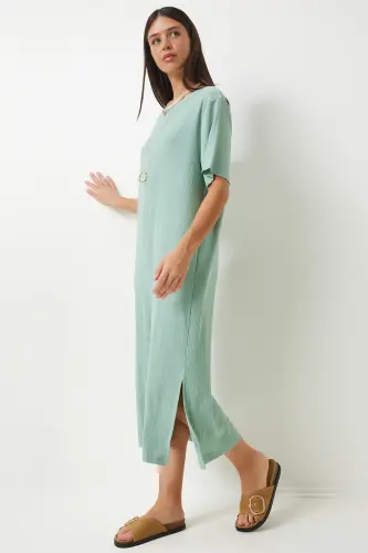 Kadın Çağla Yeşili Bol Uzun Günlük Örme Elbise DZ00076-Çağla Yeşili - 2