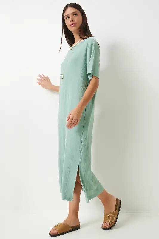 Kadın Çağla Yeşili Bol Uzun Günlük Örme Elbise DZ00076-Çağla Yeşili - 2