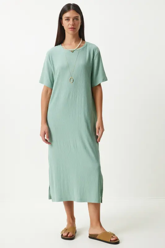 Kadın Çağla Yeşili Bol Uzun Günlük Örme Elbise DZ00076-Çağla Yeşili - 3