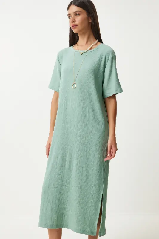 Kadın Çağla Yeşili Bol Uzun Günlük Örme Elbise DZ00076-Çağla Yeşili - 4