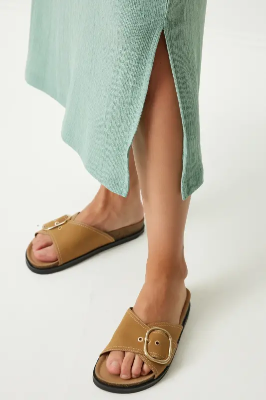 Kadın Çağla Yeşili Bol Uzun Günlük Örme Elbise DZ00076-Çağla Yeşili - 6